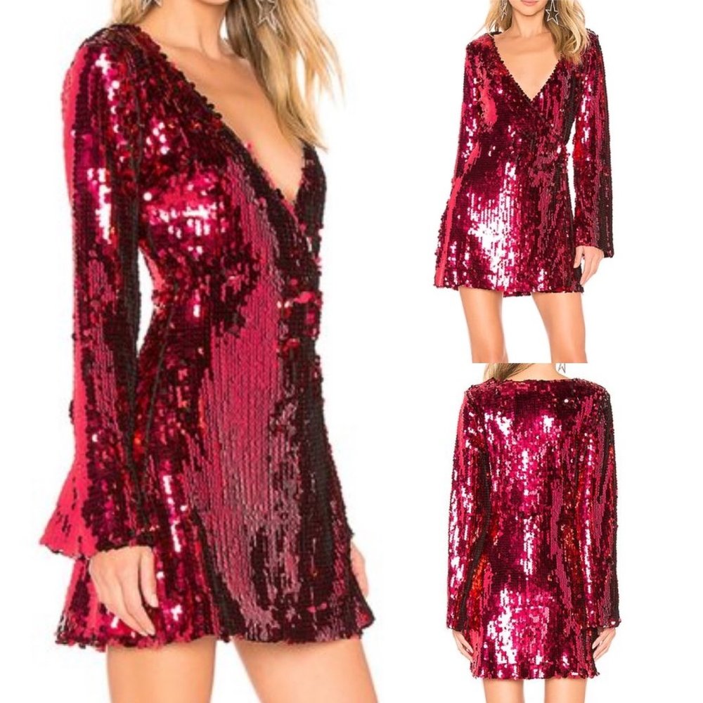 Revolve NBD Alannah Sequin Long Sleeve Mini Wrap Dress in Raspberry Red Size XXS